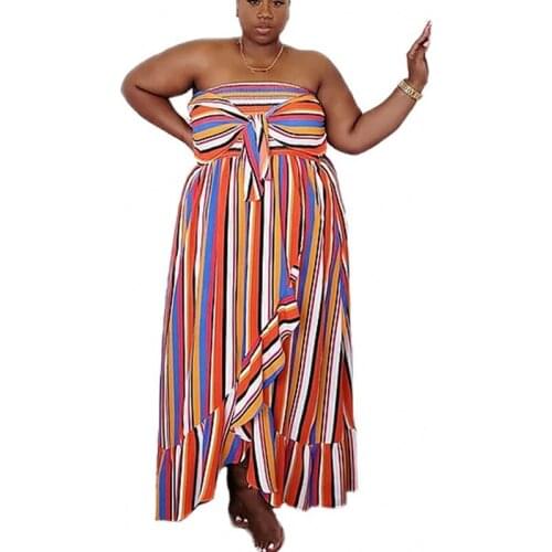 Plus Size 3XL 4XL 5XL Women Long Dress Summer Ruffled Fashion Striped Print Loose Strapless Sexy Party Dress African Clothes