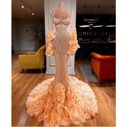 2021 Arabic Mermaid Prom Dresses Luxury Beading Sequined Ruffles Long Sleeve Women Plus Size Formal Evening Gowns