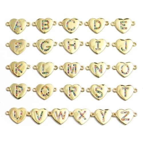 1pcs Gold Peach Heart Letter Bracelet Pendant Copper Brass Spacer Micro Zircon Charm Women Beads For Jewelry Making DIY Findings