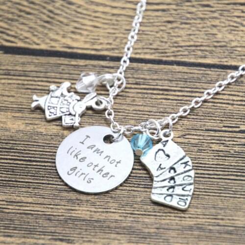 12pcs/lot Alice in Wonderland Inspired Necklace I am not like other girls Silver tone crystals