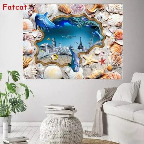 5D DIY Diamond Painting Cross Stitch Dolphin Fish Shell Ocean Needlework Diamond Embroidery Full Square Drill Wall Decor PP1767