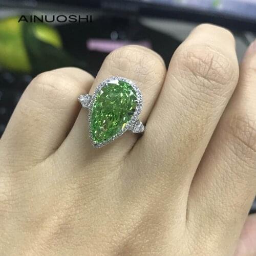 AINUOSHI 14K/18K Gold 9X15mm 6ct Pear Shaped Green AINUOSHI Stone Double Halo Engagement Rings for Women Wedding Fashion Rings