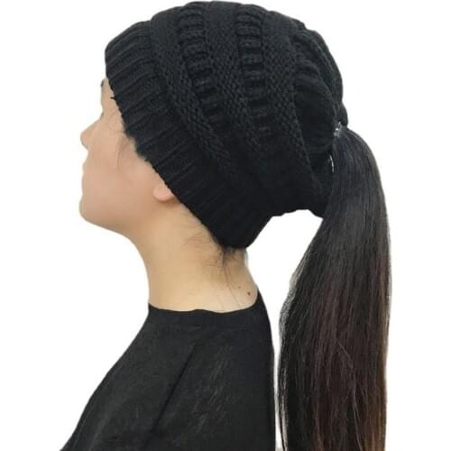 Doitbest Winter Female Ball Cap Top Hole Hat For Women Girls Hat Knitted Beanies Cap Hat Thick Womens lady Skullies knit Beanies