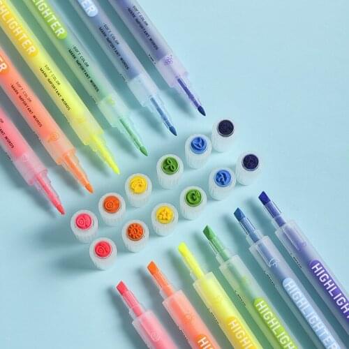 Double-headed Highlighter Creative Cartoon Seal Set Student Rough Stroke Key Flash Marker Colorful Graffiti Pen School Supplies