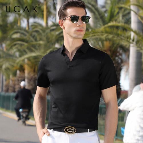 UCAK Brand 100% Cotton T-Shirt Summer Casual Streetwear Clothes Mens Solid Color Tshirt Turn-down Collar T Shirt Homme U5077