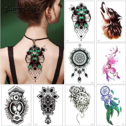 Glaryyears 17 Designs 1 Sheet WX Temporary Tattoo Sticker for Women Men Body Arm Back Chest Art Decal Wolf Flower Pattern Simple