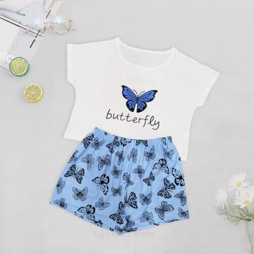 Cotton Womens Sleepwear Cute Cartoon Butterfly Print Short Set Pajamas for Women Pijama Set Sweet Short Sleeve T Shirts & Shor