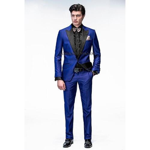 Custom Made Groomsmen Peak/Shawl Lapel Groom Tuxedos Royal Blue Men Suits Wedding Best Man (Jacket+Pants+Tie+Hankerchief) B849
