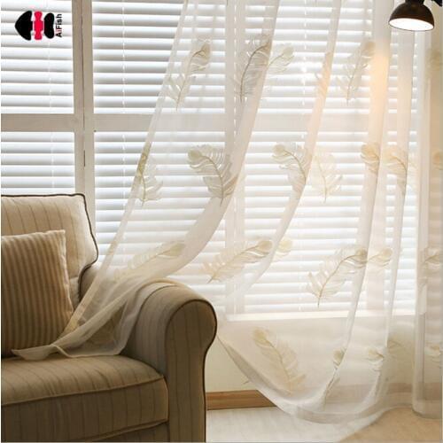 Brief Feathers Embroidery Voile Curtains Nets White Blue Study Bedroom Window Drapes 1 Panel Custom Made Gauze Tulle WP345C