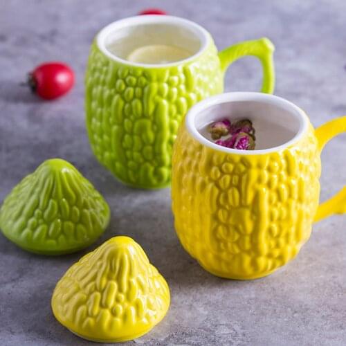 Creative Personality Ceramic Bitter Gourd Mug Home Vivid Decorations Milk Cup Lovely Office Corn Water Cup Coffee Mug with Lid