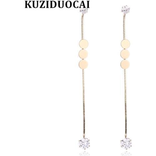 Kuziduocai New Fashion Jewelry Will Not Fade Circular Plate Zircon Long Tassel Statement Stud Earrings For Women Brincos E-317