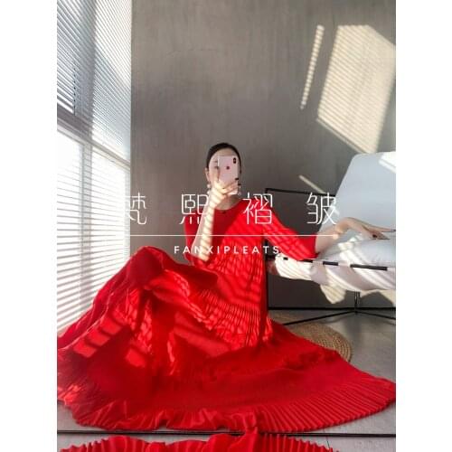 HOT SELLING Miyake fashion fold round collar solid dress half sleeve loose dress IN STOCK