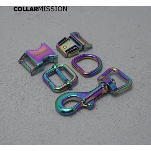 Metal buckle+adjust buckle+D ring+metal dog clasp/set)provide laser engraving service customize LOGO for DIY parts 15mm rainbow