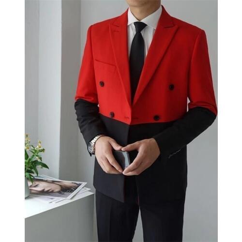 Half Black Red White Hombre Double Breasted Masculino Slim Fit Wedding Prom Stylish Splice Men Blazer Homme
