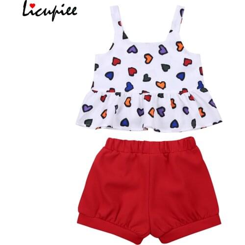 2-7 Years 2pcs Toddler Girls Summer Clothes, Heart Print Ruffle Strap Tops + Elastic Waist Shorts Set