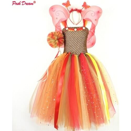 Girls Pastel Flower Tutu Dress Orange Fall Fairy Kids Tulle Strap Dress Ball Gown with Daisy Children Kids Party Costume Dress