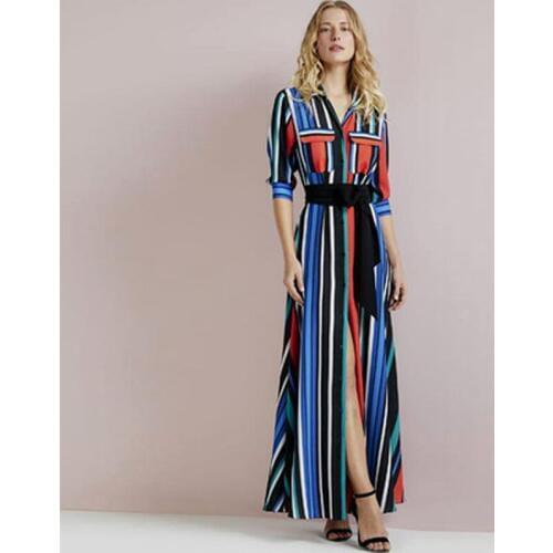 Long Sleeve Shirt Dress 2019 Summer Chiffon Boho Beach Dresses Women Casual Striped Print Maxi Party Dress Vestidos
