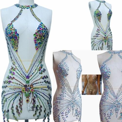Handmade multicolored rhinestones applique on white mesh crystal trim patches full body for dress