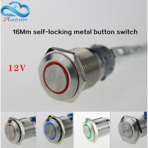 16 mm self-locking metal button with light switch voltage 12 v current 3A250VDC waterproof rust green and yellow blue white