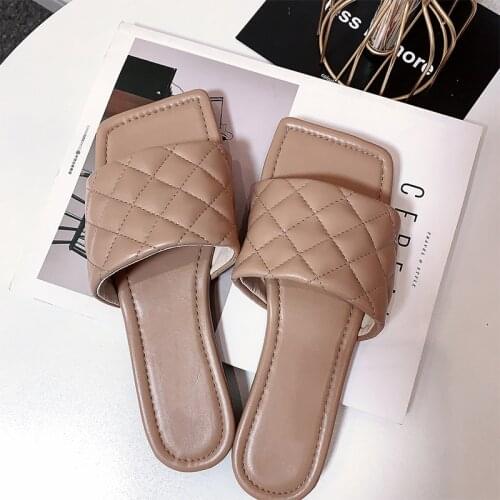 Womens 2021 Square Toe Slippers Ladies Summer Candy Colors Sandal Slipper Casual PU Leather Flat Shoes Female Fashion Footwear