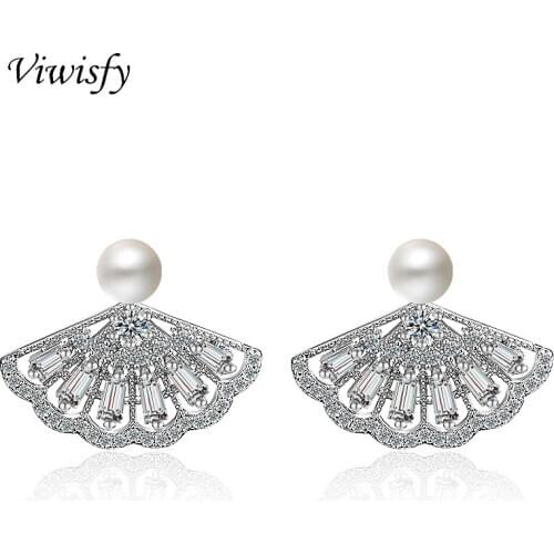 Viwisfy Sector Crystal Pearl Stud Luxury Real 925 Sterling Silver Earrings For Women VW21090