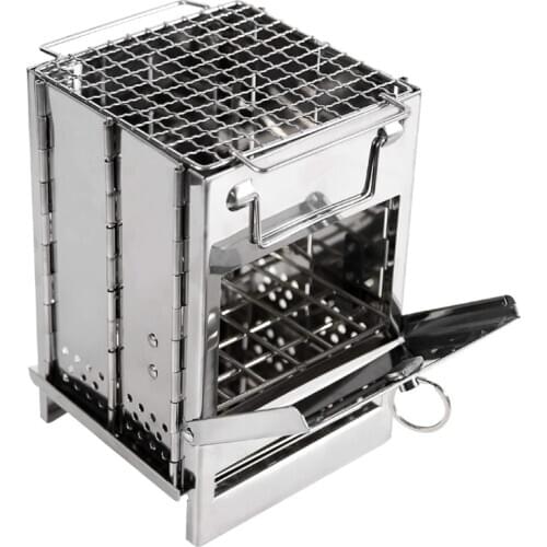 Wood Burning Camp Stove Folding Stainless Steel Grill Firewood Stove for Outdoor Survival Camping Cooking Picnic BBQ