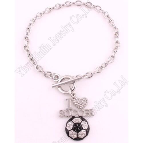 Sports Jewelry Drop Shipping 0.95"*1.3" inches Crystal I LOVE SOCCER 2D Pendant Toggle Charm Bracelet Fans Favorite Jewelry