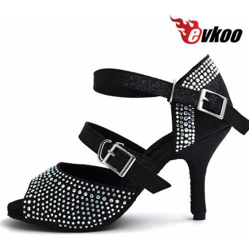 Evkoodance Black Flesh With Rhinostone Size US 4-12 Dance Shoes High Heel 8.5cm Professional Salsa Dance Shoes Wowen Evkoo-457