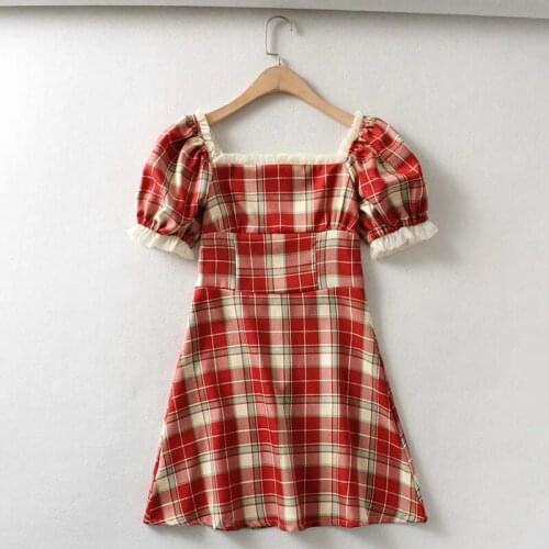 ShesModa Red Plaid Vintage Square Collar French Style Puff Short Sleeves Slim A-line Mini Dress