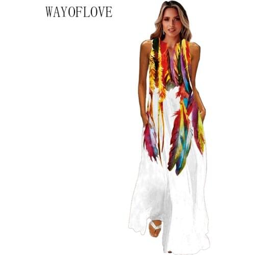 WAYOFLOVE Fashion Feather Print White Dress 2021 Elegant Casual Plus Size Long Dresses Summer Woman Sleeveless Beach SunDress
