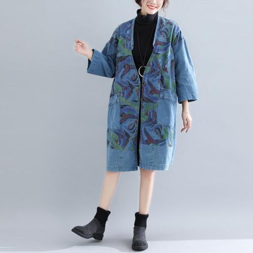 Harajuku personality V neck trench coat for women plus size loose long coat denim jeans windbreaker vintage streetwear overcoat
