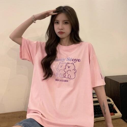 Short-Sleeved t-Shirt Womens Mid-length letter bear embroidery loose wild casual round neck 2021 summer new