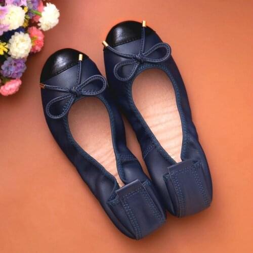 New Women Flat Loafers Shoes Slip-on Bow Metal Decoration Casual Ballet Flat Genuine Leather Women Ballerina Shoes Big Size