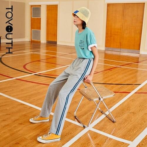 Toyouth Women Sweatpants 2021 Autumn Straight Wide Leg Elastic High Waiste Trousers Solid Stripes Chic Casual Sports Long Pants