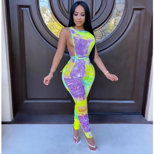 Tie-Dye Print 2Piece Set Women Matching Sets Lace-Up Hollow Top + Smocked Trousers Casual Purple Womens Suits