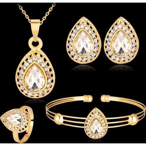 Women Retro Water Drop Gold Plated Jewelry Set Necklace Bracelet Earrings Ring Engagement party Wedding New Chic