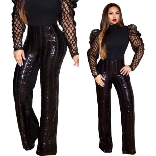 2021 New Fashion Sexy Temperament Sequin Elastic Waist Club Style Straight Trousers with Lining