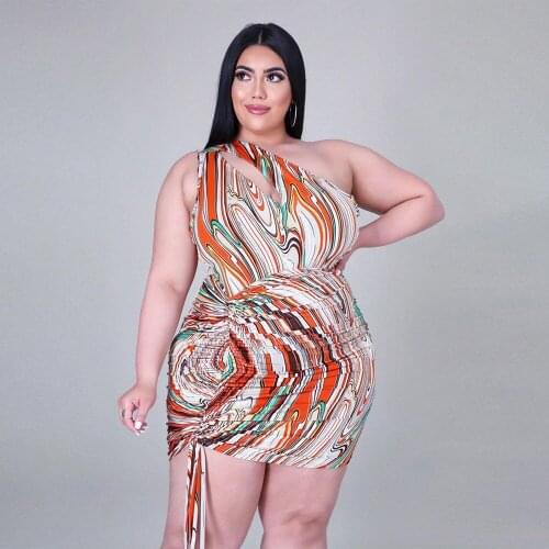 2021 Plus Size One Shoulder Sleeveless Mini Dress Print Sexy Drawsting Pleated Summer Elegant Vintage Vestidos Sundress Club