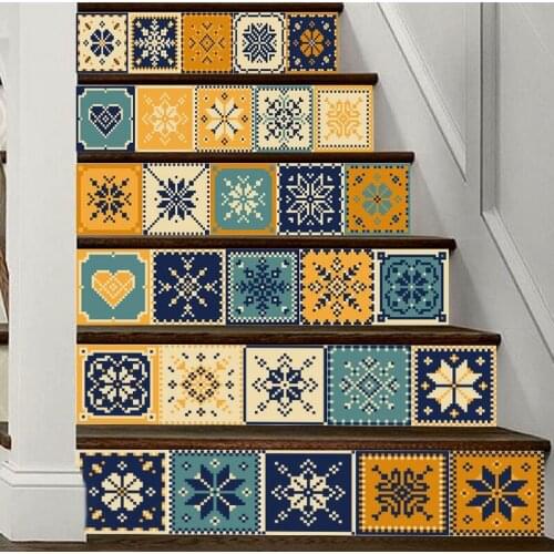 6Pcs Retro Tile Floor Stair Stickers Bathroom Kitchen Decoration Wall Decals Art