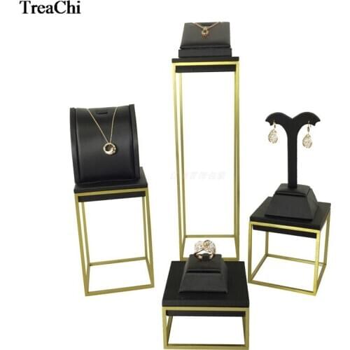 Promotion Soft Black PU Necklace Ring Earring Stud Display Holder Stand Stainless Steel Jewelry Window Counter Showcase Set
