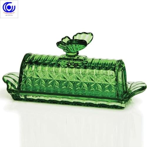 Lead free color glass butterfly butter box fresh keeping box with cover butter box Western food cheese storage box