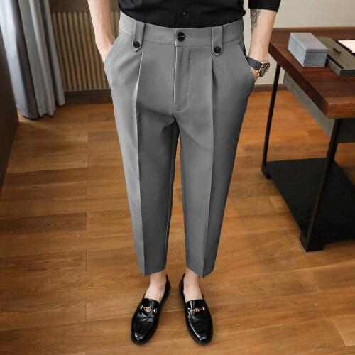 Summer Business Dress Pants Solid Color Folds Casual Slim Suit Pants Wedding Office Social Streetwear Trousers Costume Homme
