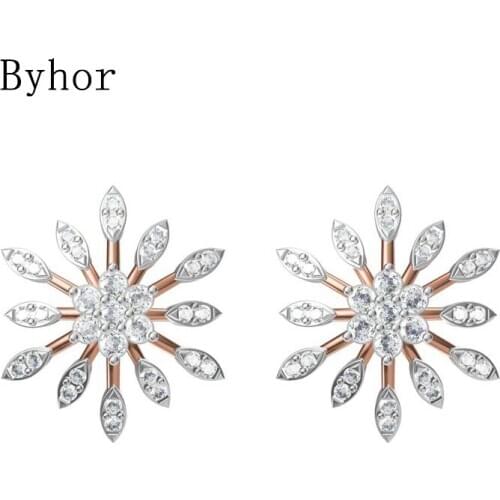 Byhor Solid 14K White/Yellow+White/Rose+White Gold 0.596ct H/SI Natural Diamonds Flower Stud Earrings Women Cерьги Fine Jewelry