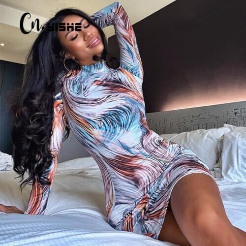 CNYISHE 2020 Fashion Boho Print Sheath Dress Women Turtleneck Regular Long Sleeve Skinny Women Dresses Streetwear Vestidos Robes