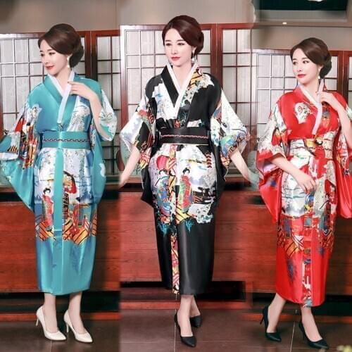 Long Style Half Sleeve Japanese Satin Yukata Dress Sleepwear Oriental Kimono Haori Chinese Qipao Nightgown Robe