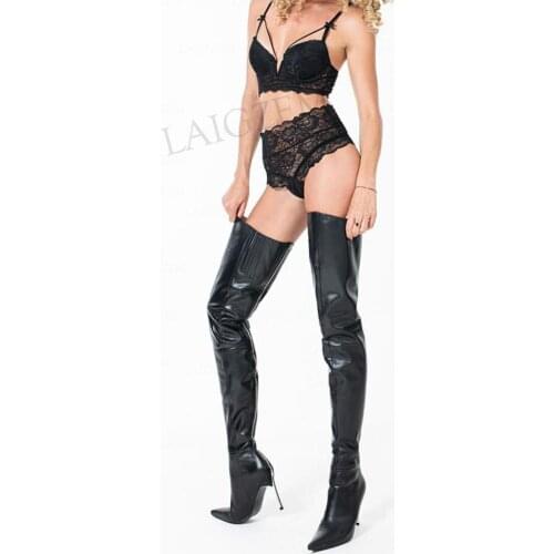 DOBANER Women Thigh High Boots Faux Leather Metal High Heels Boots Over Knee Side Zip Botas Lady Shoes Woman Big Size 43 44 47