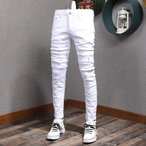 Summer Men White Ripped Patches Jeans Men Fashion Slim Fit Straight Pants Streetwear Casual Cotton Thin Denim Trousers