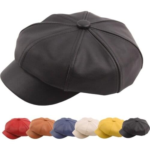 PU leather newspaper cap octagonal cap mens British beret ladies plaid British painter hat stitching cap Casquette BLM19