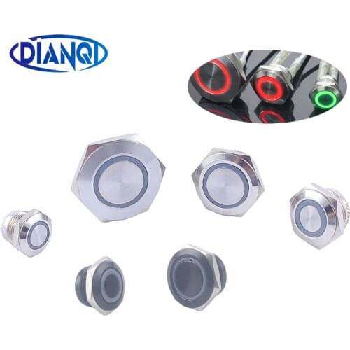 Ring Waterproof Metal Push Button Switch With LED light RED BLUE GREEN YELLOW Self-locking and momentary 12 16 19 22mm