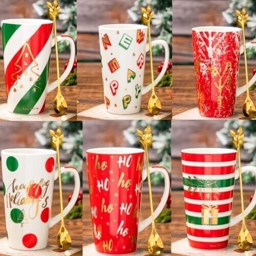 Creative Christmas Happy New Year Coffee Mug With Lid Spoon Trend Ceramic Gift Cup For Family Dad Mom Child Friend Couple